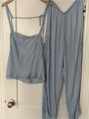 Free People Light Blue Lace-Trim Sleep Cami and Pant Set